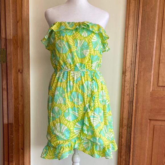 LILLY PULITZER Flor Pink Label Strapless Ruffle Mini Dress Green Yellow VTG - Picture 3 of 17